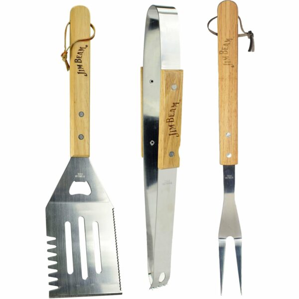 Jim Beam Grillbesteck-Set Zange Grillwender und Gabel 3-tlg. Edelstahl Holzgriff